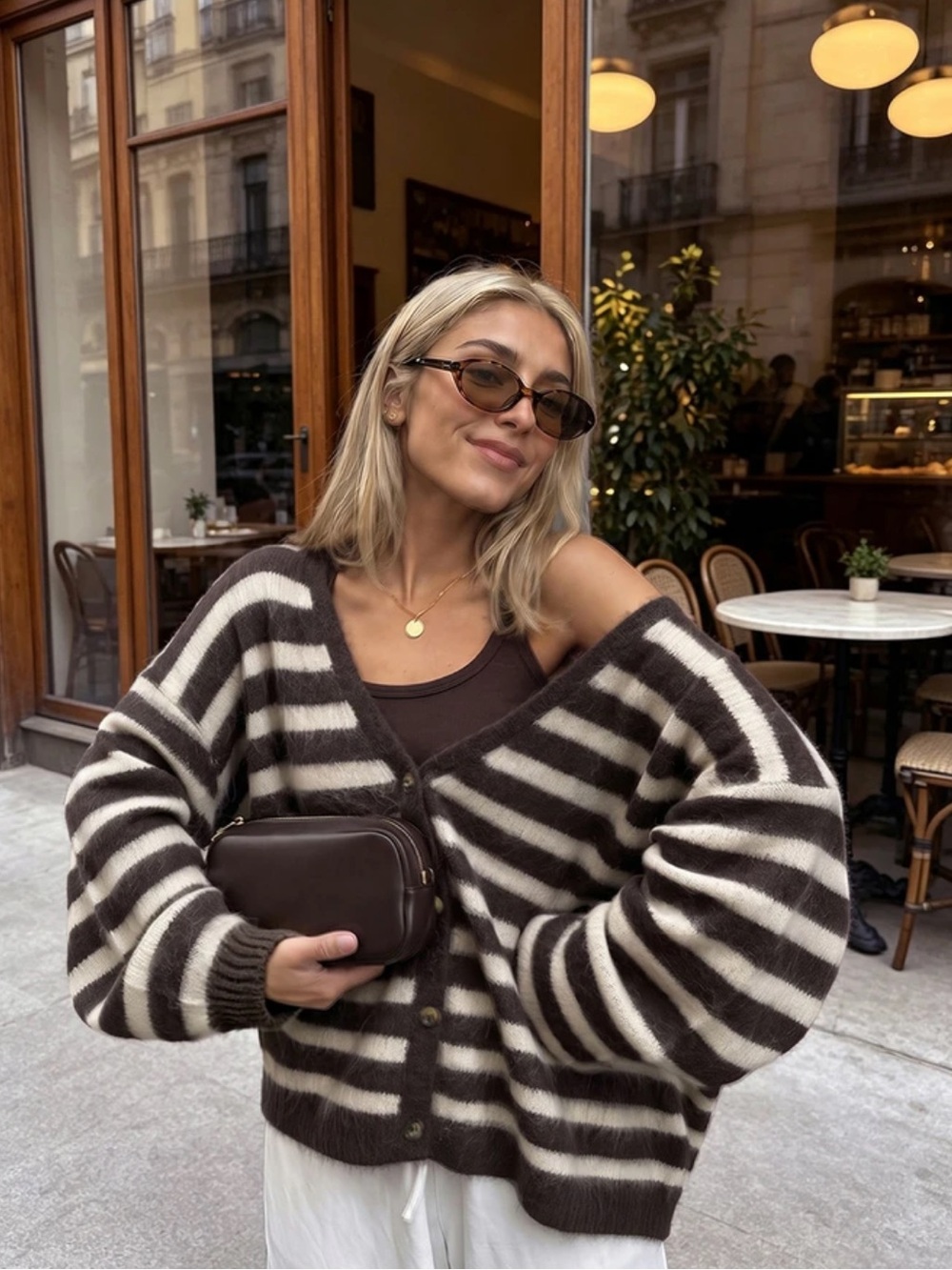 Autumn/Winter Women's Y2K Chocolate & Beige Striped Button Cardigan, V-Neck